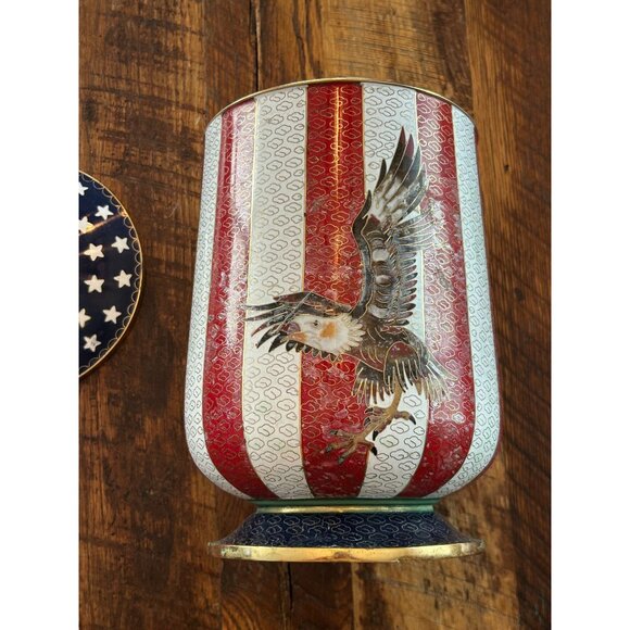 Patriotic Cloisonné  Striped Metal Eagle Adult Urn With Lid - Picture 3 of 12